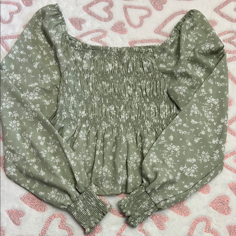 Green Crop Blouse with Smocked Bodice and Billowy Sleeves